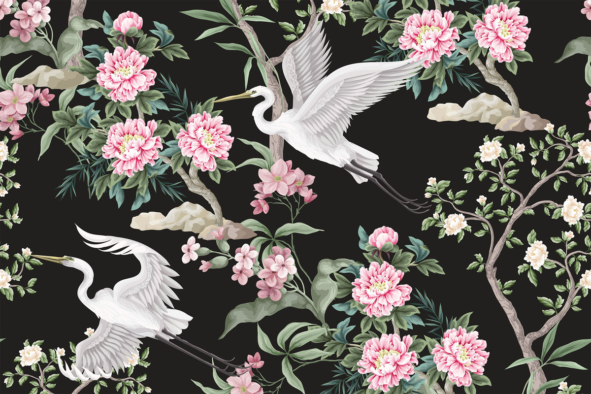    Узор с пионами, деревьями и цаплями