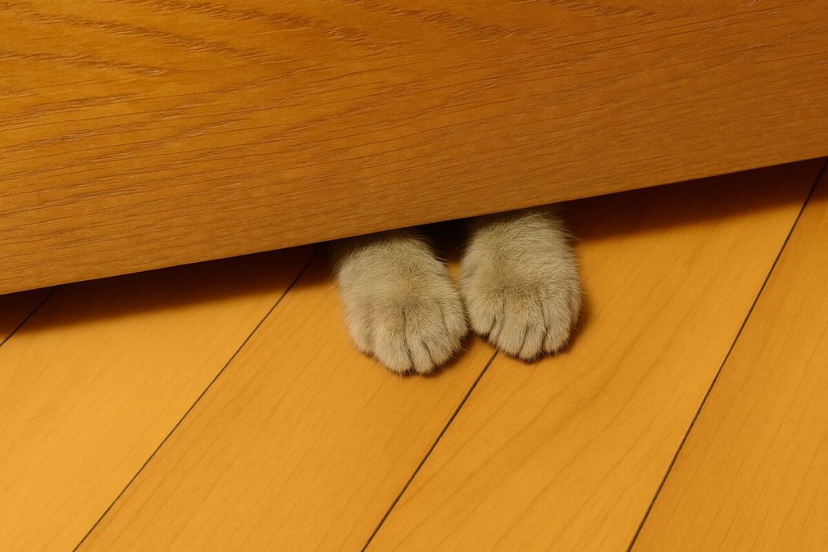 Кошка засовывает лапы под дверь