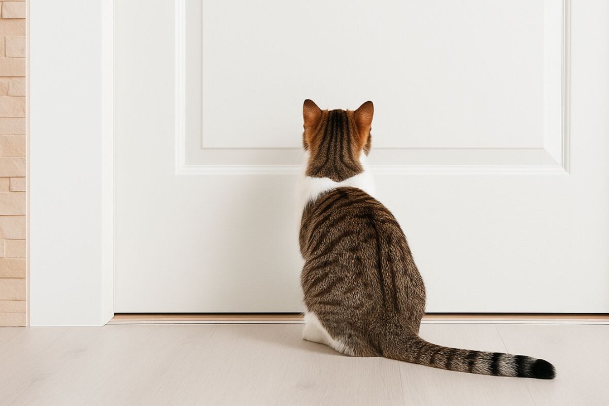 Кот сидит у закрытой двери