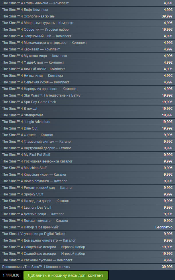 Стоимость всех дополнений для The Sims 4. 1444 евро — это около 130 тыс. рублей. По сути, цена мощного игрового ПК
