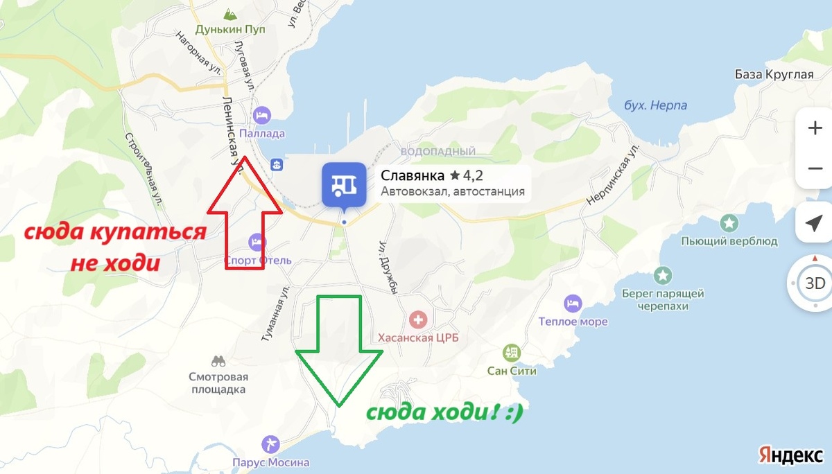 Заливы и бухты Славянки. Скрин с Яндекс-карт. 