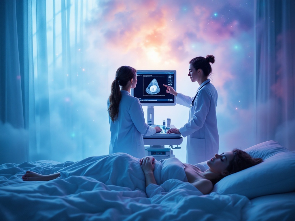    К чему такое снится: На картине изображены врач и женщина, стоящие перед аппаратом УЗИ. Врач указывает на экран, где виден эмбрион. Женщина смотрит на экран, видно только их профили и эк