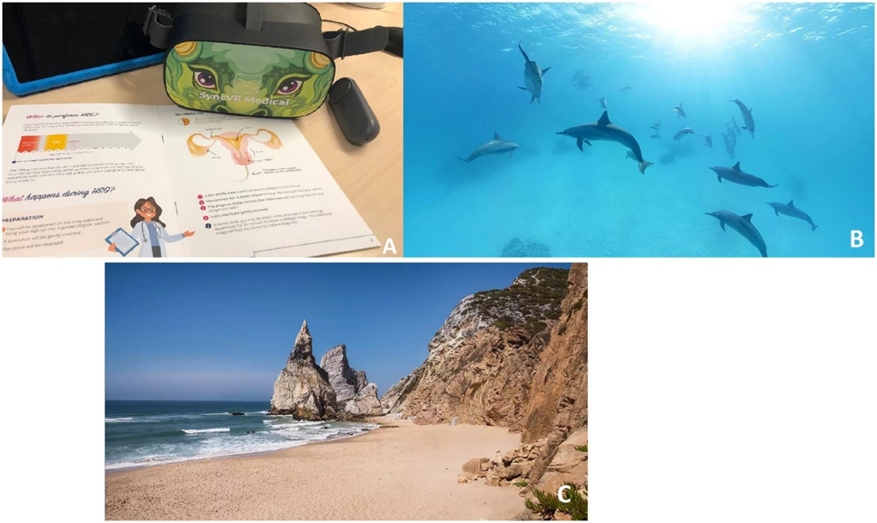 Рисунок 1.  (A) Накладное VR-устройство (PICO G2 4K) с пультом дистанционного управления. (B) Пример фильмов о природе. (C) Пример дыхательных упражнений.