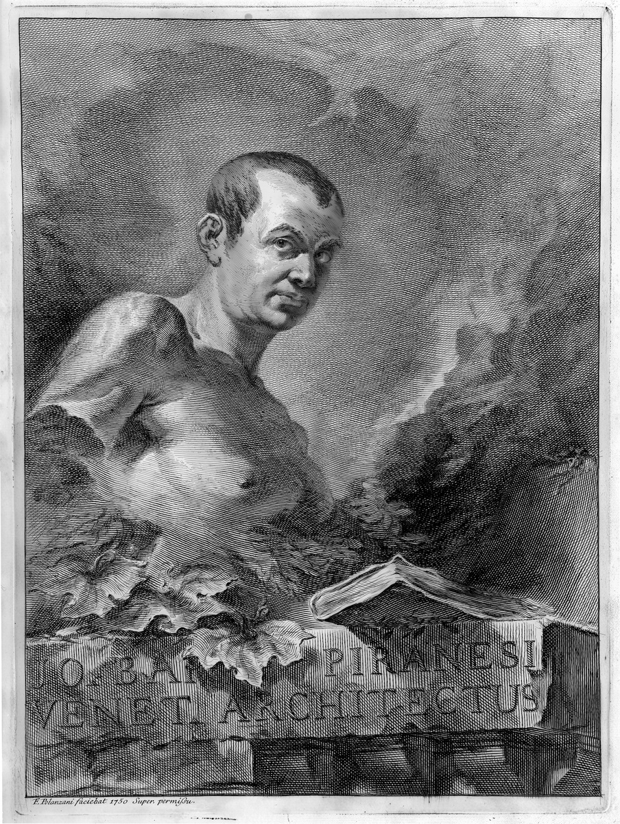 Франческо Поланцани “Пиранези как античный бюст”, лист из серии “Opere varie di Architettura,  prospetive, grotteschi, antichità; inventate ed incise da Giambattista Piranesi Architetto”, 1750