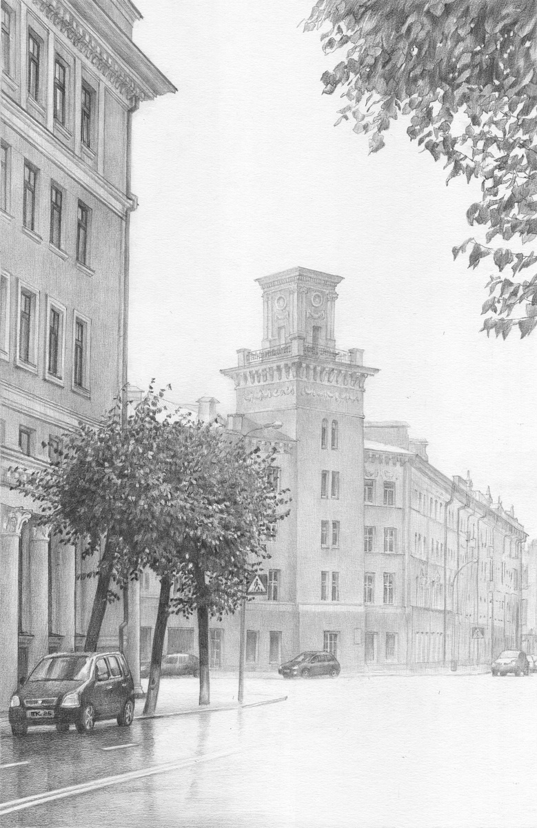 Ксения Тихонова. Серия: Удивительный Смоленск. Лист:  Дом с башней в дождливый день. 2025. Бумага, графит. 50х32.