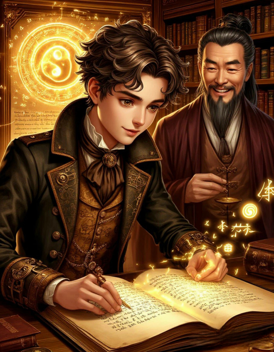 Молодой Лейбниц (немецкий математик) с изумлением рассматривает древний китайский манускрипт