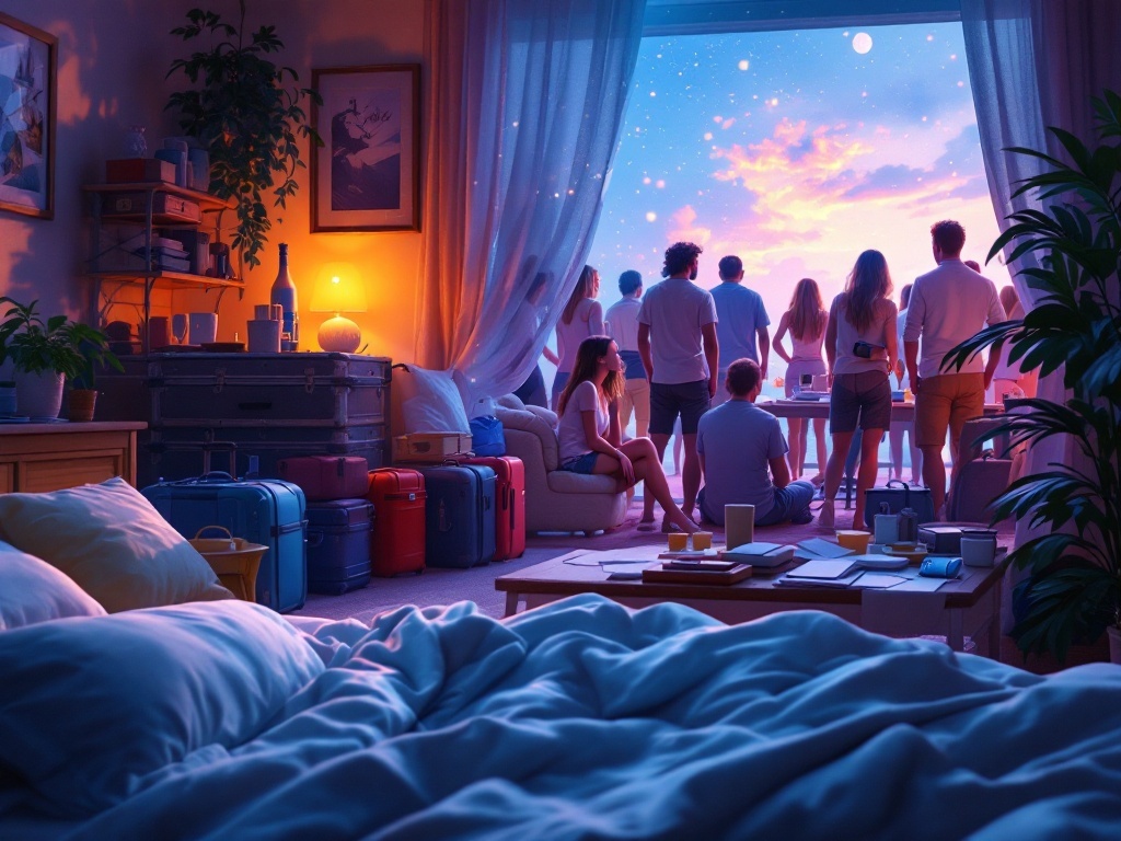    К чему такое снится: Сцена в гостиной: на заднем плане чемоданы и морские аксессуары готовы к отпуску. На переднем плане среди небольшого толпы посторонних людей персонаж женщина с пусты