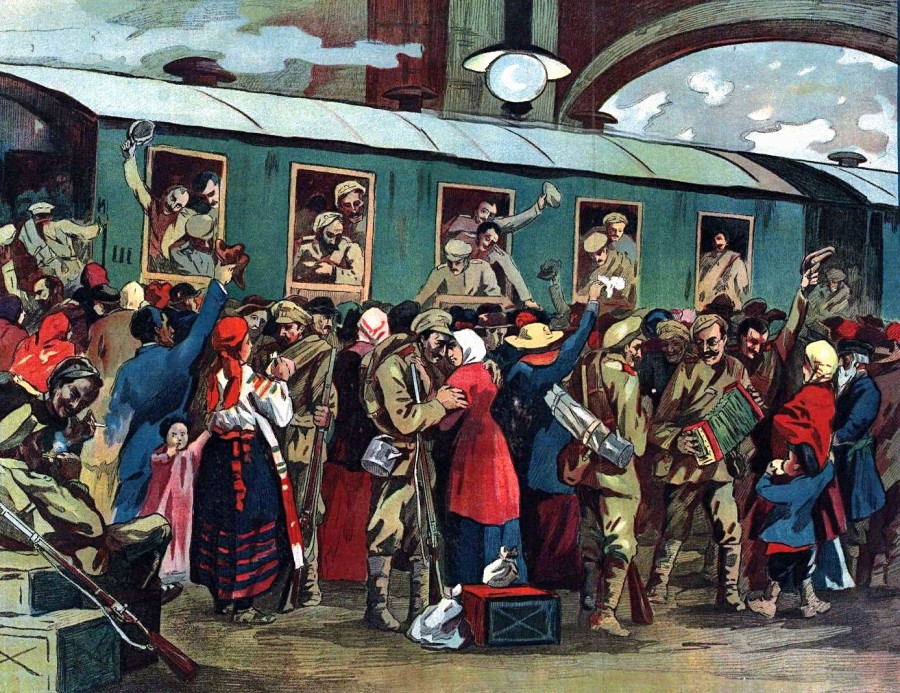 "Проводы на войну за святое дело". Изд. Б.В. Кудимова, 1914.