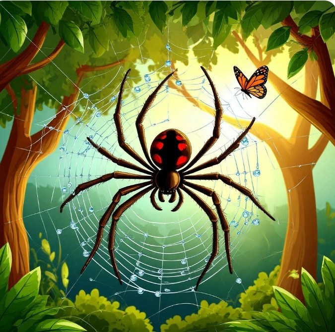 Было раннее утро. Светило солнце. Его лучики проскальзывали сквозь густую листву деревьев. И среди этой листвы прятался одинокий паучок. Он грустил. Ведь у него совсем не было друзей или подруги. Но он так сильно хотел.  И поэтому все плел и плел свою паутину, но все его боялись и не подходили близко. Только лишь глупенькие комары да мошки. Так проходили дни, недели. Но однажды к его паутине подлетела бабочка с большими синими крыльями. Паучок ее увидел и она ему так сильно понравилась, что он стал еще быстрее плести свою паутину. Но неожиданно бабочка ему улыбнулась и сказала, что его паутина с капельками росы такая красивая, а  его улыбка такая добрая и подлетела еще ближе. Грустный паучок тут это забыл о своей грусти и перестал плести паутину, ибо она уже была ему не нужна...