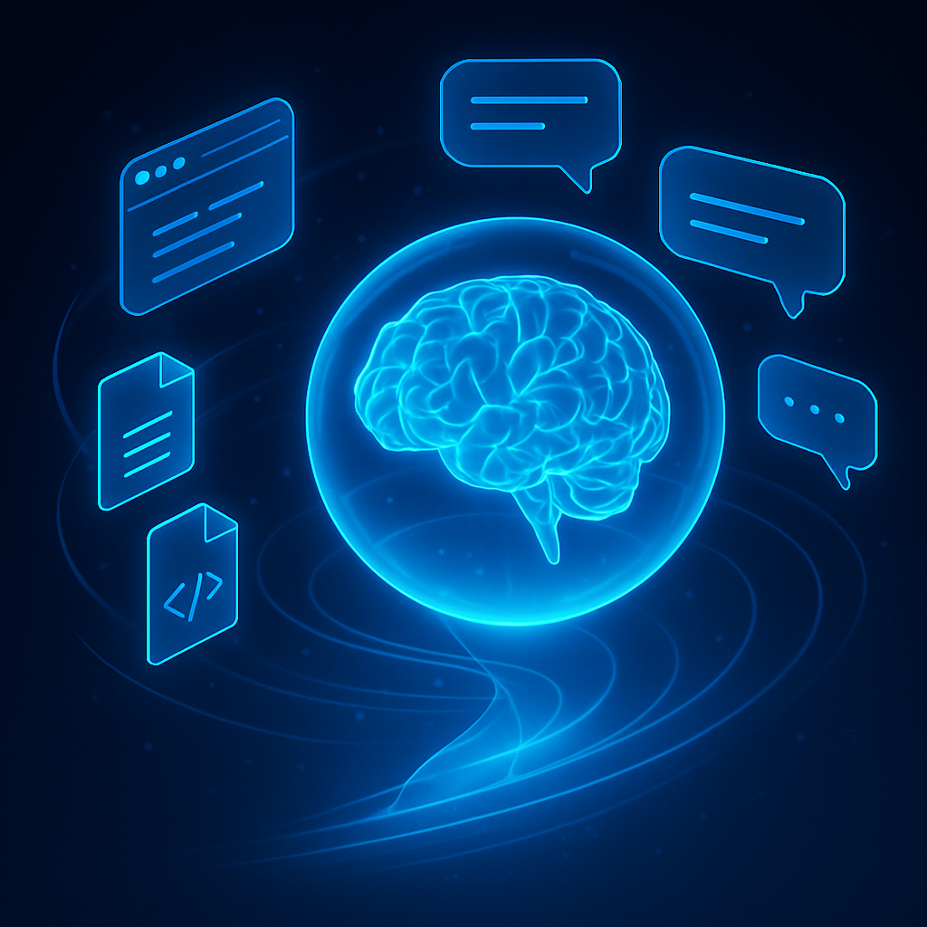 Потоки данных из веб-страниц, документов и кода стремятся к сияющему «мозгу» в сфере, вокруг которого парят пузырьки чатов — визуальная метафора того, как ContextChat собирает знания и превращает их в продуктивный диалог с ИИ.