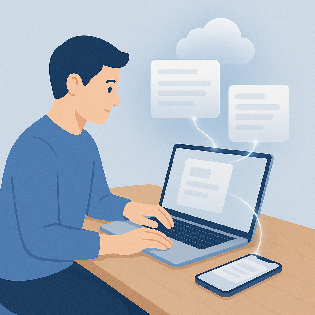 Бессловесная иллюстрация показывает, как пользователь Mac двойным нажатием ⌘ + C сохраняет статью: полупрозрачные карточки всплывают над экраном ноутбука и iPhone и мгновенно соединяются светящимися линиями, символизируя синхронизацию через iCloud.