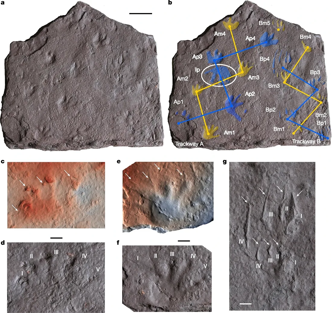 Пласт с следами из формации Сноуи Плейнс. (а) Фото пласта. (б) Тот же пласт с маркировкой следов: жёлтый — передние лапы (манус), синий — задние лапы (пес). (в–г) Крупные планы отдельных отпечатков с видимыми следами когтей и количеством пальцев. 