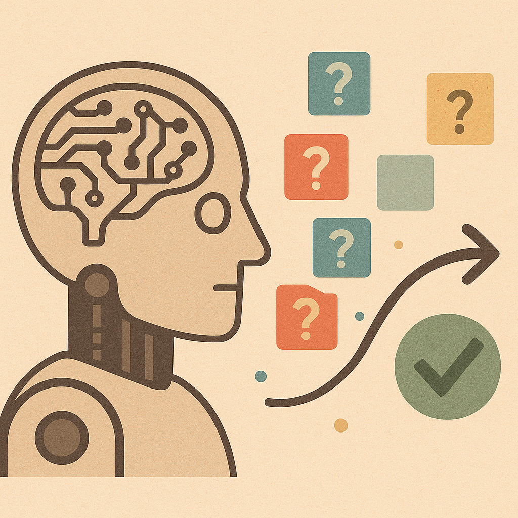 Схематичный «мозг» робота выпускает хаотичные плитки с вопросами, которые по изогнутой стрелке ведут к зелёной галочке — визуальный намёк на то, как случайные промежуточные токены могут всё-таки приводить ИИ к правильному ответу.