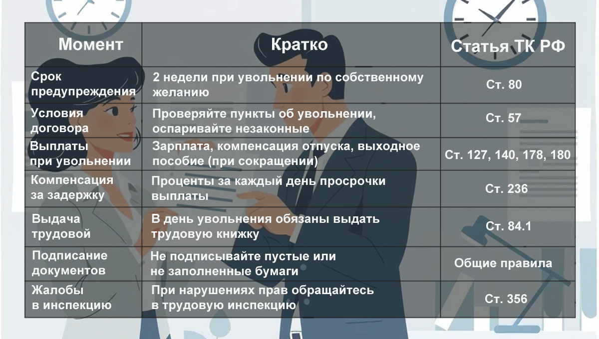 В этой таблице собраны ключевые юридические моменты при увольнении: сроки предупреждения, выплаты, компенсации, выдача трудовой и куда жаловаться при нарушениях. Все важные статьи Трудового кодекса РФ — для вашей защиты и уверенности.