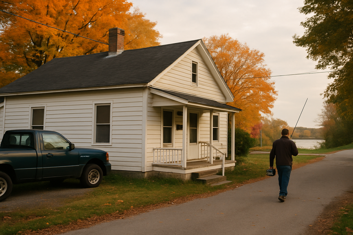 Солнечный осенний день в тихом посёлке: скромный домик, старенький пикап и мужчина с удочкой, идущий к реке — образ бюджетной, но уютной жизни на природе.