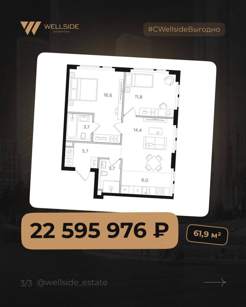 Площадь: 61,9 м² → Цена: 22 595 976 ₽