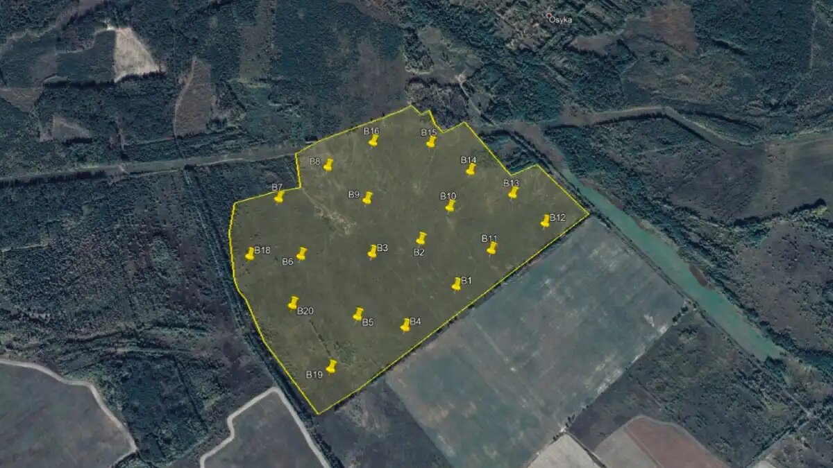 Фото:: Journal of Environmental Radioactivity (2025)
Опытное поле в Межилиске и расположение точек отбора проб почвы. Изображение из Google Earth