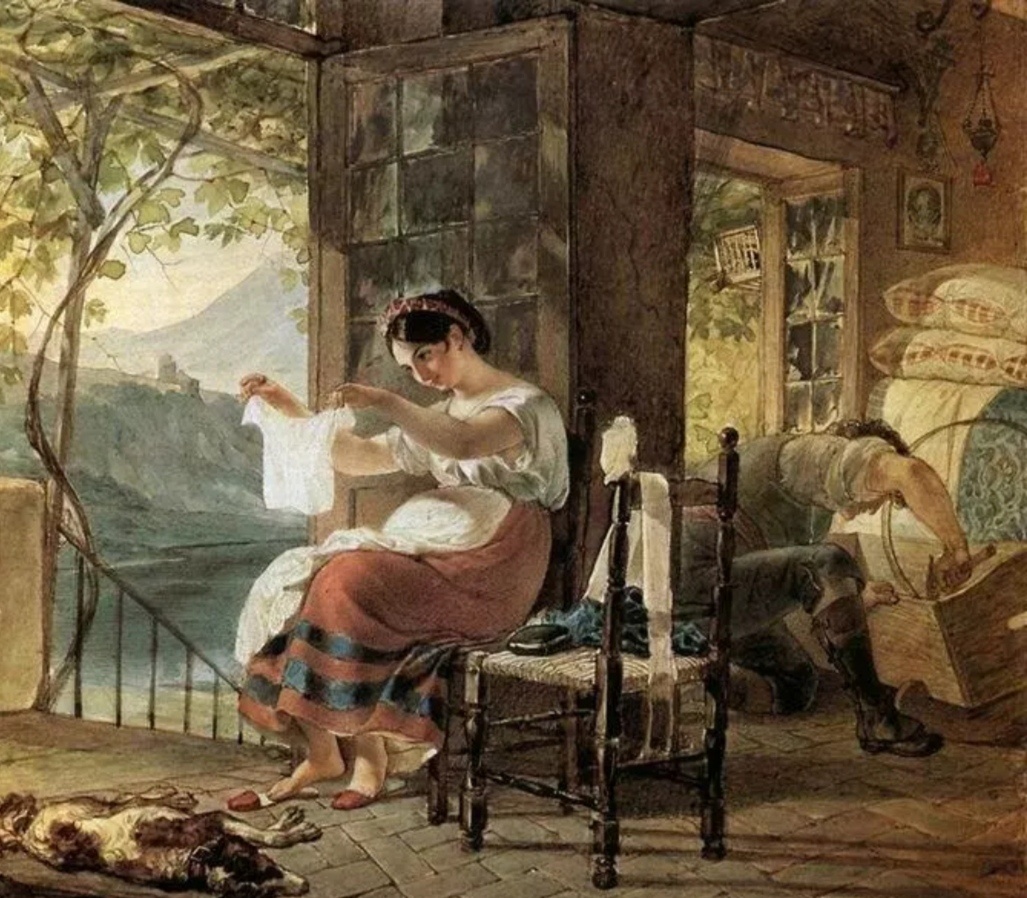 Карл Брюллов. Итальянка, ожидающая ребенка, разглядывает рубашку, муж сколачивает колыбель. 1831