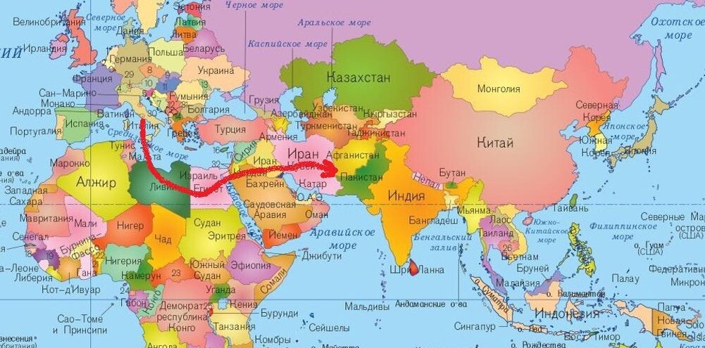 На этой карте показан путь германских армий из Италии через Египет на Ближний Восток и в Индию