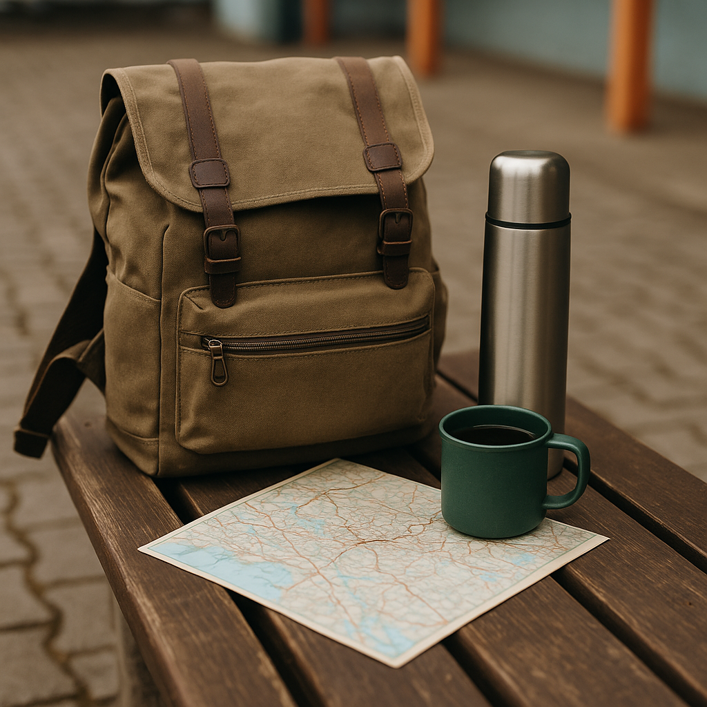 Рюкзак, термос и старая карта на скамейке — когда уезжаешь не чтобы тратить, а чтобы отдохнуть с головой.