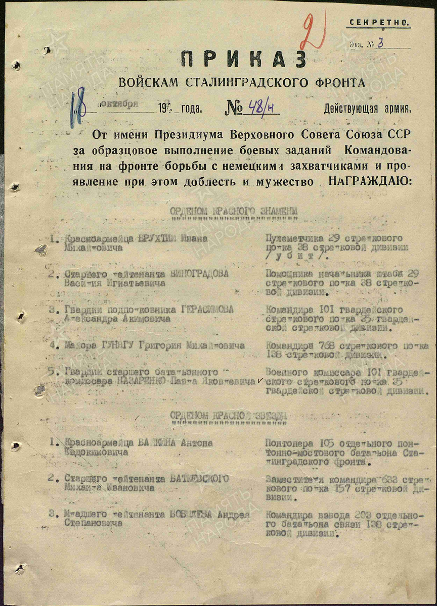 Приказ о награждении майора Гуняги орденом Красного Знамени за бои в первой декаде июля 1942 года, 4 в списке. Оригинал наградного листа размещен на личной странице Григория Михайловича на сайте Память Народа