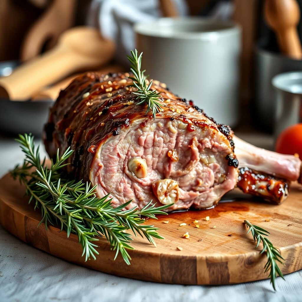 Ножка баранины, запечённая с розмарином и чесноком 