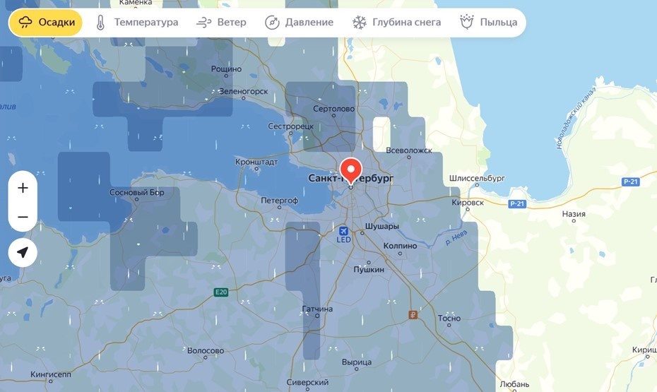    Карта осадков в Петербурге в соответствии с прогнозом погоды на вечер 24 мая 2025 года (по состоянию на 20:00 мск). Автор фото: "Яндекс Погода"