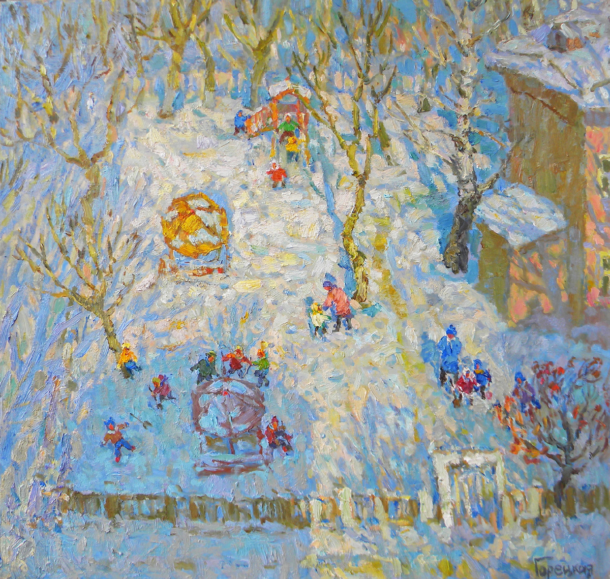 Полина Горецкая "Зимний вид из окна на детский сад" 2019 картон, масло 70х75  