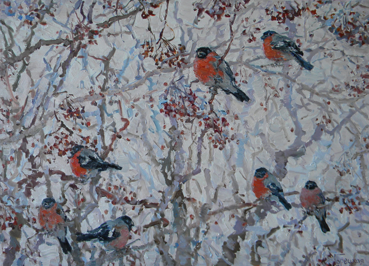 Полина Горецкая "Снегири" 2021 холст, масло 70х100 