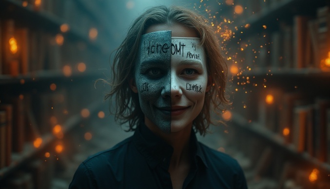 Surreal portrait of a person with two faces: one side shows a smiling mask with '100% Honest' written in bold letters, the other side reveals a shadowy, distorted true face with tiny lies floating around it like fireflies. Background: library of burning books titled 'My Excuses'. Style: hyper-realistic digital painting with cinematic lighting, dark academia color palette (deep blues, burnt oranges)