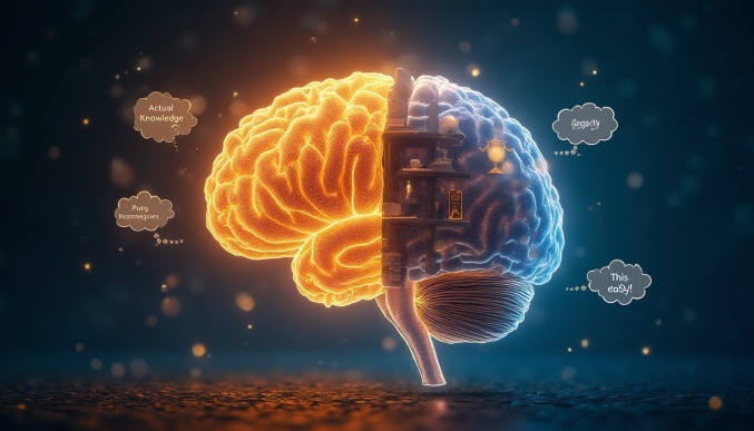 "A glowing brain divided into two parts: left side shows a gold trophy with 'Expert' written on it, right side exposes empty shelves labeled 'Actual Knowledge'. Tiny comic-style thought bubbles say 'This is easy!'. Style: semi-realistic infographic with neon accents."