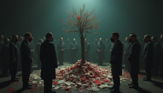 “A group of people with their mouths sewn shut stand in a circle, their faces expressing pain. In the center is a withering tree growing from a pile of unsent letters. Style: hyperrealism with elements of surrealism, dark color palette with blood red accents. Lighting: dramatic side lighting.”