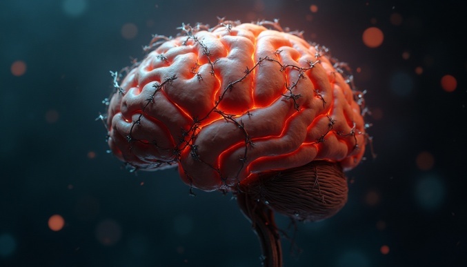 “Brain in section: the left hemisphere is glowing, the right hemisphere is filled with barbed wire. Style: scientific visualization with cyberpunk elements”