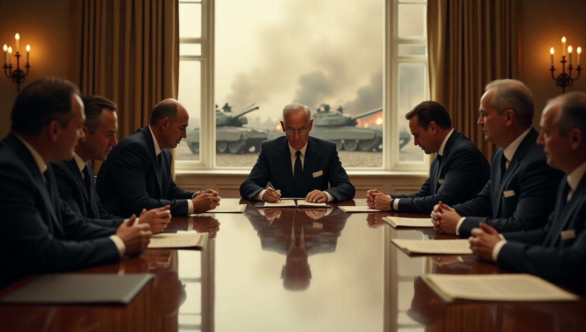 Символическое изображение момента подписания договора о запрете ядерного оружия, но с тонким намеком на невидимые последствия.