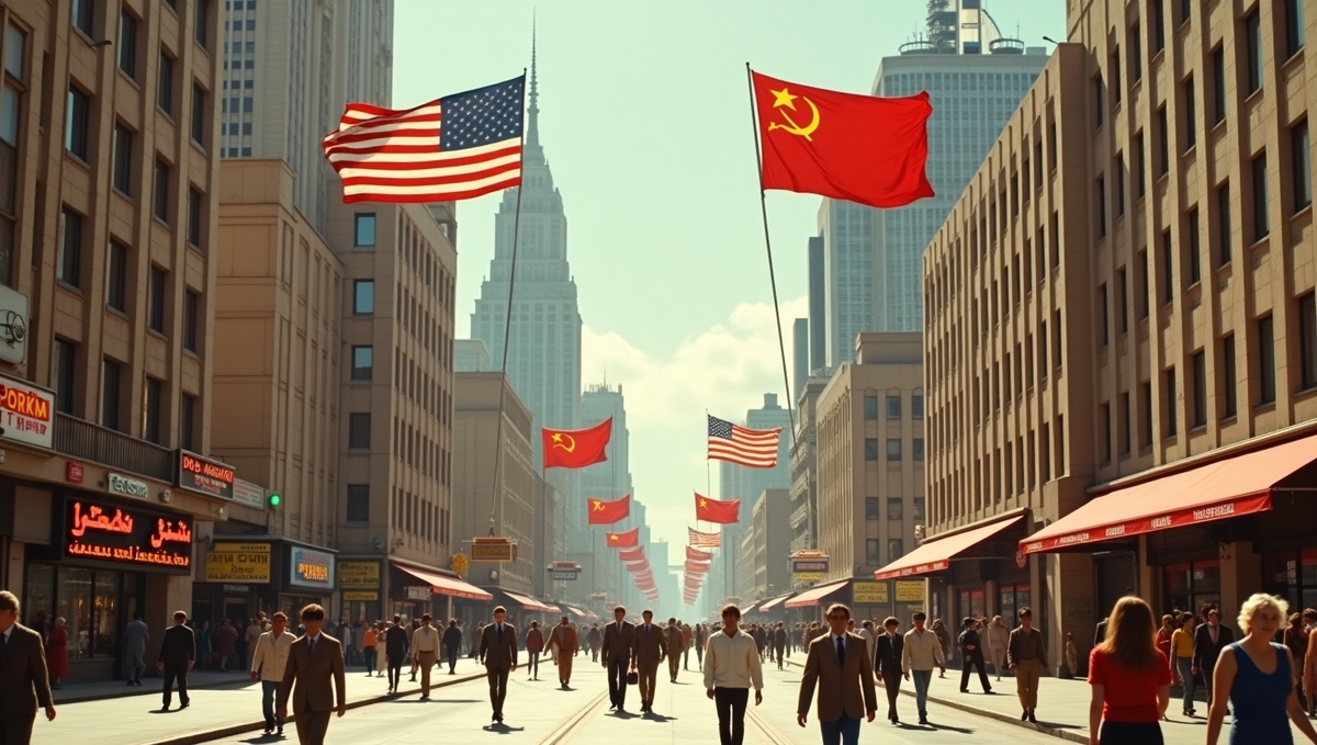 Символический городской пейзаж, отражающий слияние двух культур и идеологий в архитектуре и повседневной жизни.