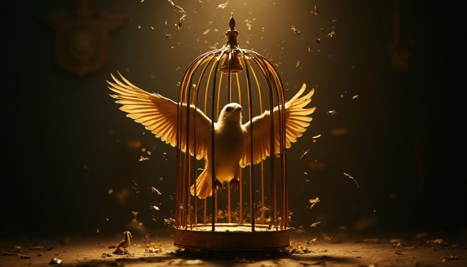 "A luxurious golden birdcage with wide-open door, but the bird inside remains perched, its wings clipped by invisible threads labeled 'Fear', 'Routine', 'What if'. Ultra-detailed feathers, cinematic chiaroscuro lighting, warm gold and deep navy color scheme."