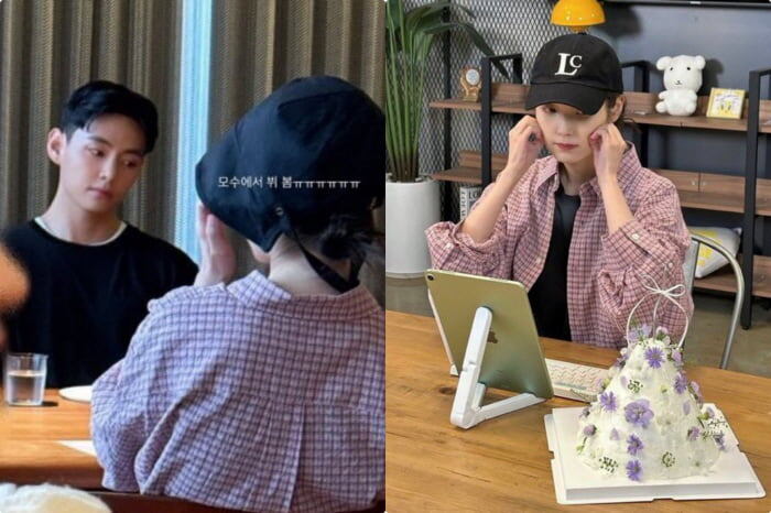 Фото Тэхена и IU в ресторане. Снимок сделан одним из пользователей