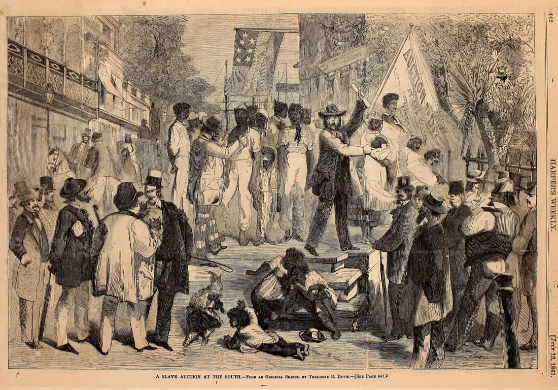 Иллюстрация аукциона рабов на Юге, 1861 год, из архива Harper’s Weekly