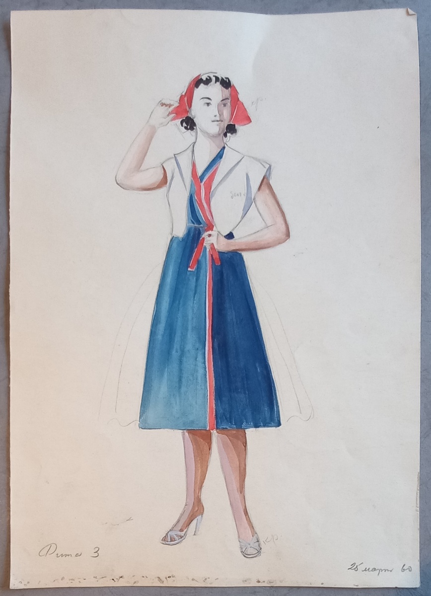 1960 г.. Художник Блинов Н. А. Костюмный эскиз к спектаклю "Морской узел". Гуашь, карандаш, бумага (размер 27,5х39,3 см). Из архива автора.