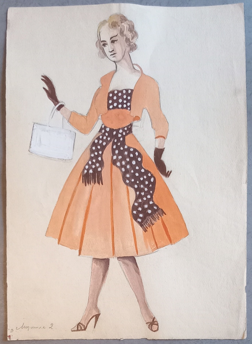 1960 г.. Художник Блинов Н. А. Костюмный эскиз к спектаклю "Морской узел". Гуашь, карандаш, бумага (размер 28,7х40,6 см). Из архива автора.