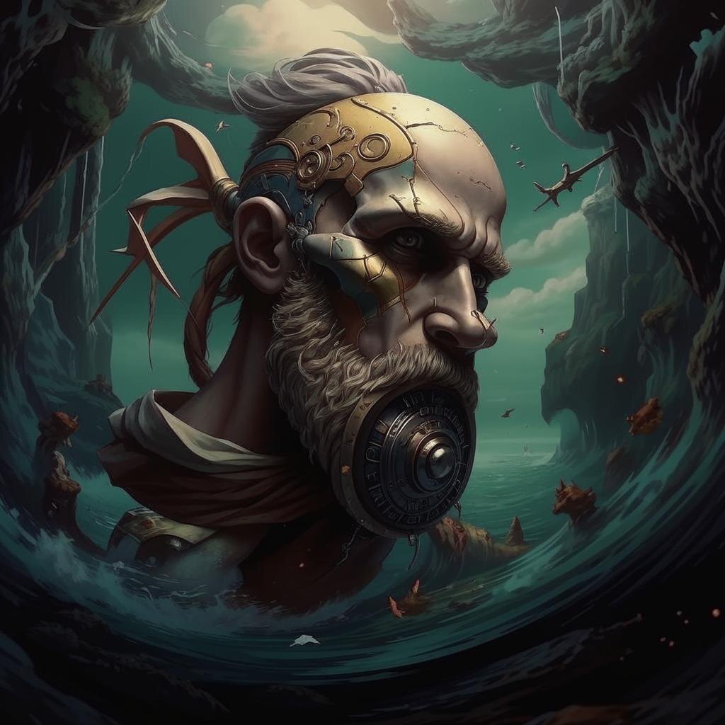 Изображение создано нейросетью Кандинский 3.1 по запросу: «Нарисуй Одиссея, который заблудился, скитаясь в собственном черепе