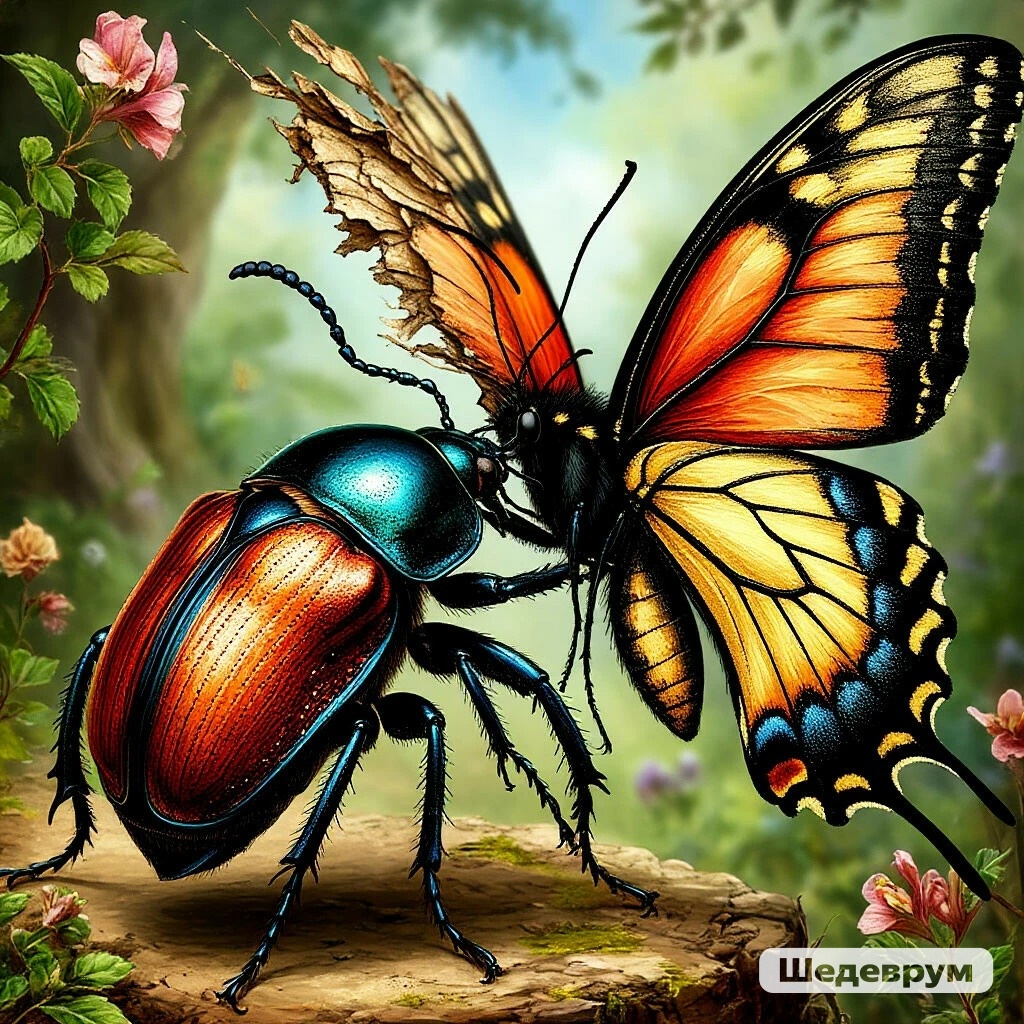 Иллюстрация нейросети к басне Олеси Емельяновой "Бабочка и жук"