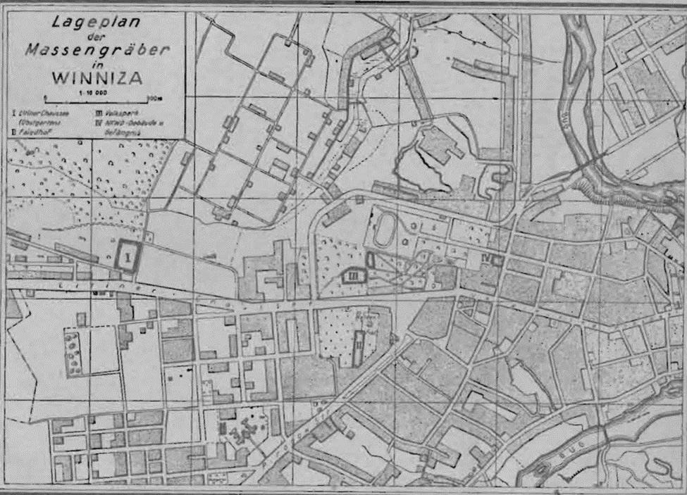 Рис. 1. Схема захоронений на плане города 1943 года [1, с. 9]. I- Бывший фруктовый сад, 5644 тела. II- Бывшее православное кладбище, 2405 тел. III- Парк имени Горького, 1383 тела. IV- Винницкое управление НКВД.