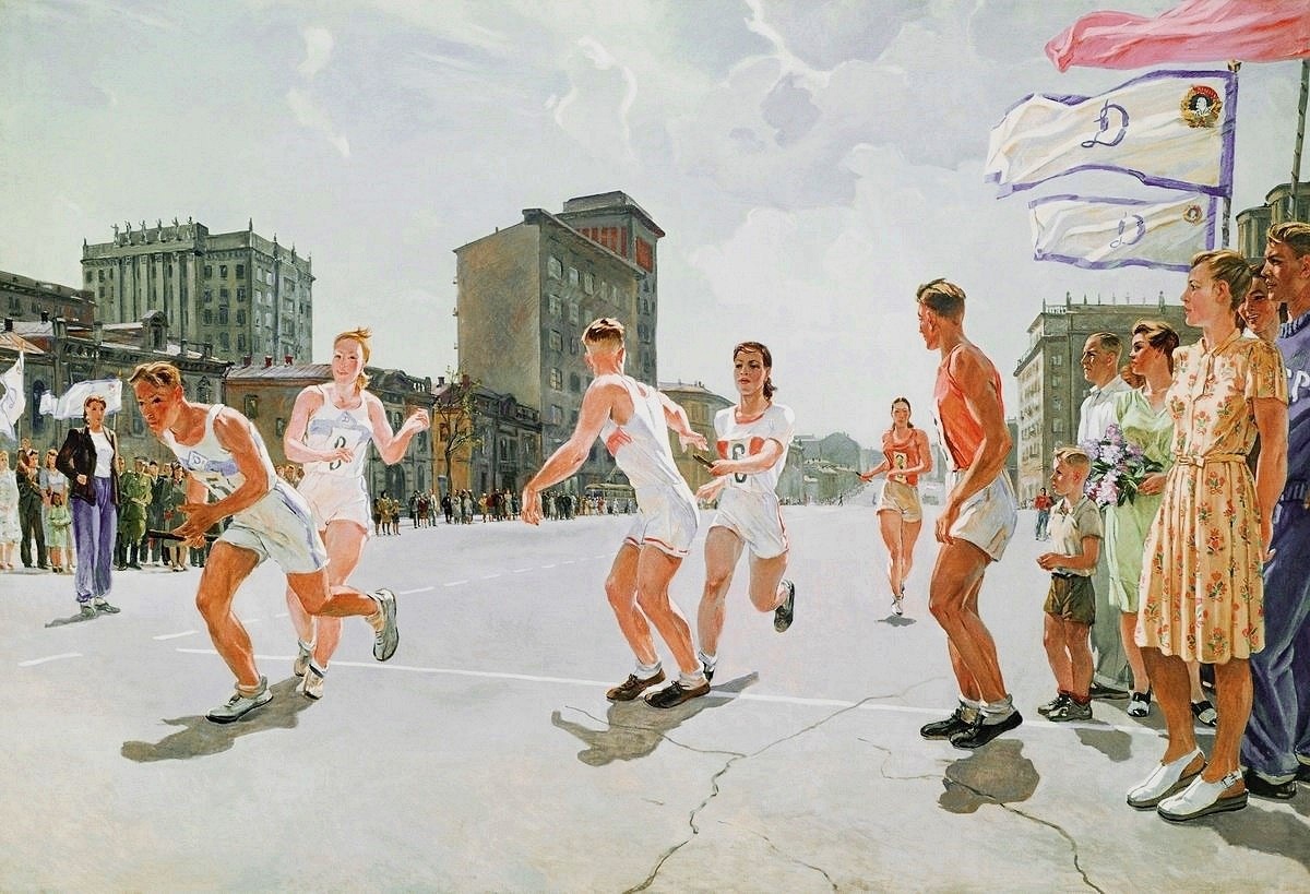 Александр Дейнека, «Эстафета по кольцу», 1947, холст, масло, 199 × 299 см, Государственная Третьяковская галерея, Москва