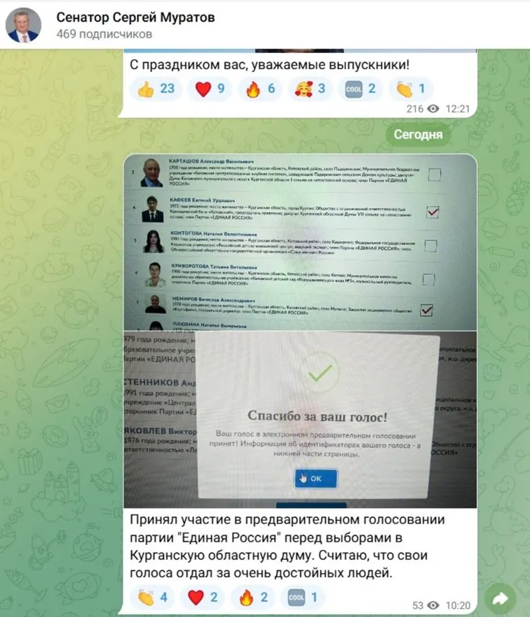 Сенатор проголосовал за Кафеева и Немирова
Фото: telegram-канал Сергея Муратова