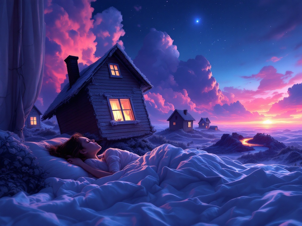    К чему такое снится: На изображении девушка закрывает окно своего заметно наклонившегося дома. В фоне видны огненные облака и другие дома, также искривленные под воздействием огня. Вдале