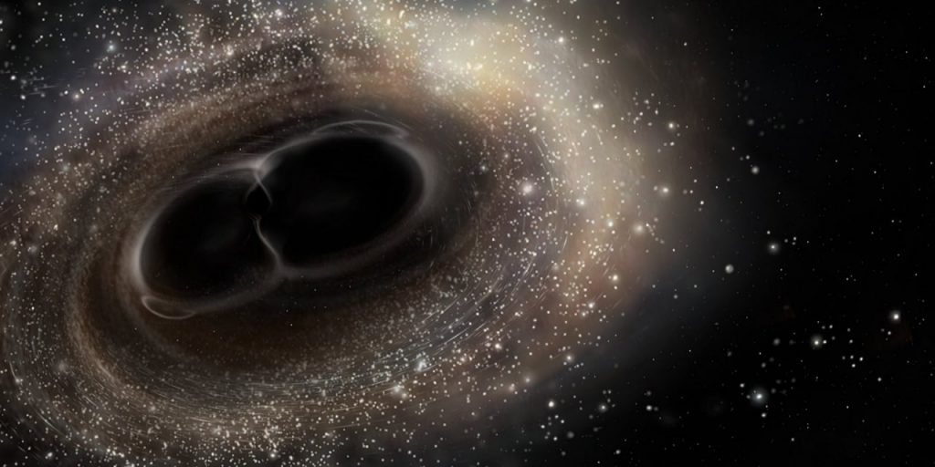 Иллюстрация слияния двух чёрных дыр в аккреционном диске, с искажённым пространством вокруг