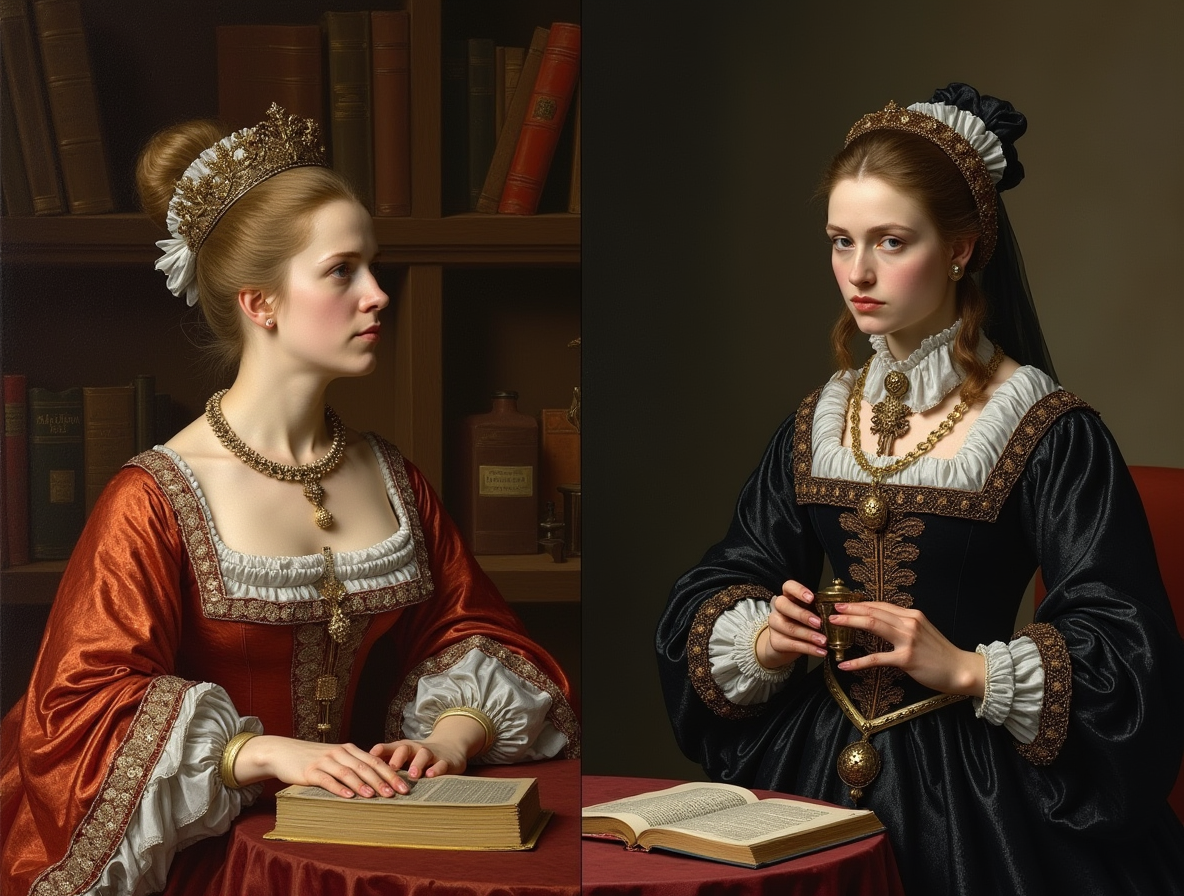 "Реальность против мифа" - разделенное изображение: слева Екатерина за государственными делами среди книг, справа она же в образе злой колдуньи с ядами