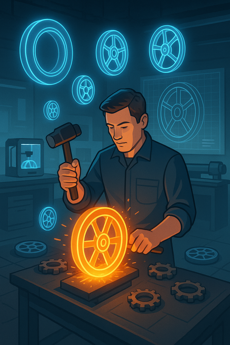 Инженер в футуристической мастерской кует раскалённое оранжевое колесо на верстаке; вокруг парят прозрачные голубые голограммы колёс и виден работающий 3D-принтер, символизируя идею «переизобретать колесо» ради творчества и понимания.