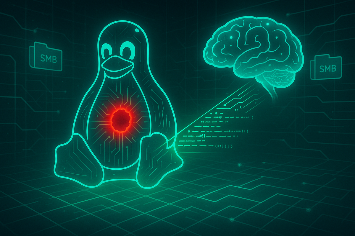 Голографический пингвин Linux из светящихся бирюзовых схем; в центре корпуса красное «отверстие» уязвимости, в которое направлен поток кода от парящего мозга-ИИ, а на сетчатом фоне мерцают иконки папок SMB — визуализация обнаружения удалённого zeroday-бага в ядре Linux с помощью модели o3.